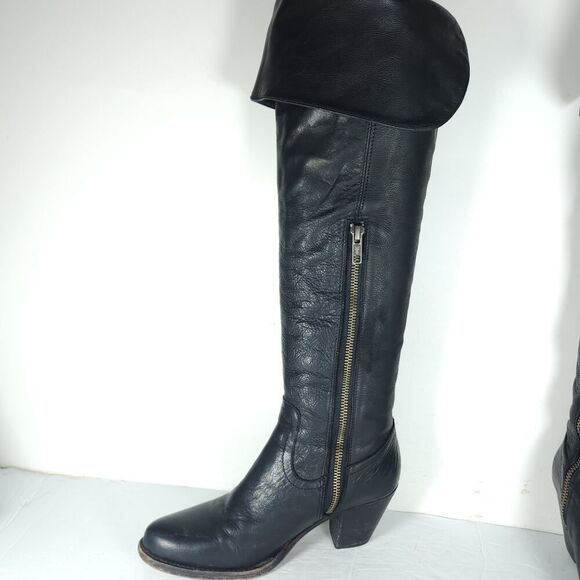 Frye Women's Jane US6,5B Black Leather Fold Over Pull On Knee High Riding Boots - Picture 5 of 16